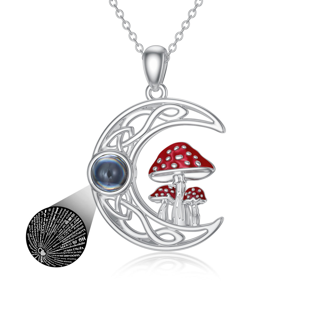 100 languages I Love You Projection Stone Mushroom Moon Necklace Sterling Silver